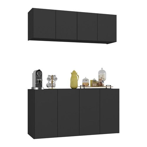 Kit Aparador Buffet Com Armário Aéreo 4 Portas Cantinho Do Café Multimóveis Mp1074 Preto Preto