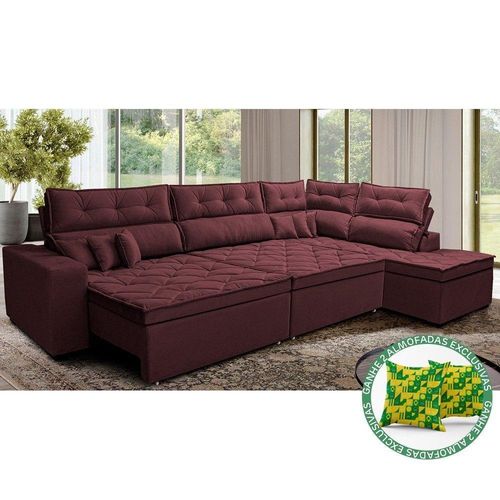 Sofá De Canto Retrátil E Reclinável Direito 3,00x2,36m Molas Cama Inbox Espanha Velusoft Vinho